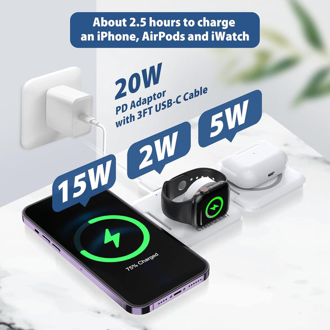 3 in 1 Apple Charging Station for Iphone Airpods Iwatch - Travel Charger for Multiple Devices, Portable Foldable Chargin