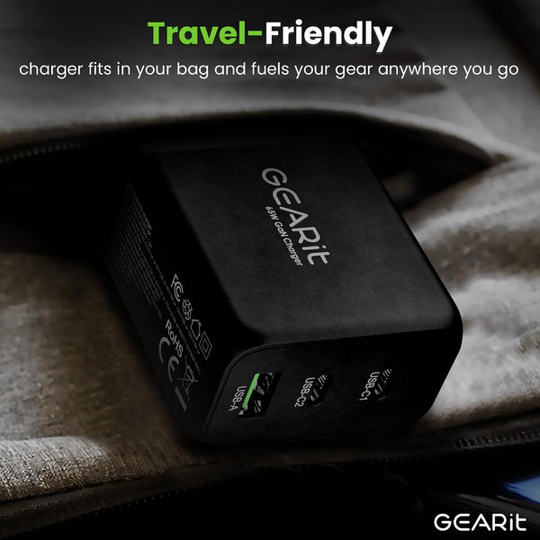 GEARit 65W USB C Charger Block, GaN 3-Port Foldable Fast Wall Charger | Type-C PD 3.0 & PPS fast charging, 2 USB-C + 1 USB-A, for MacBook Pro/Air,