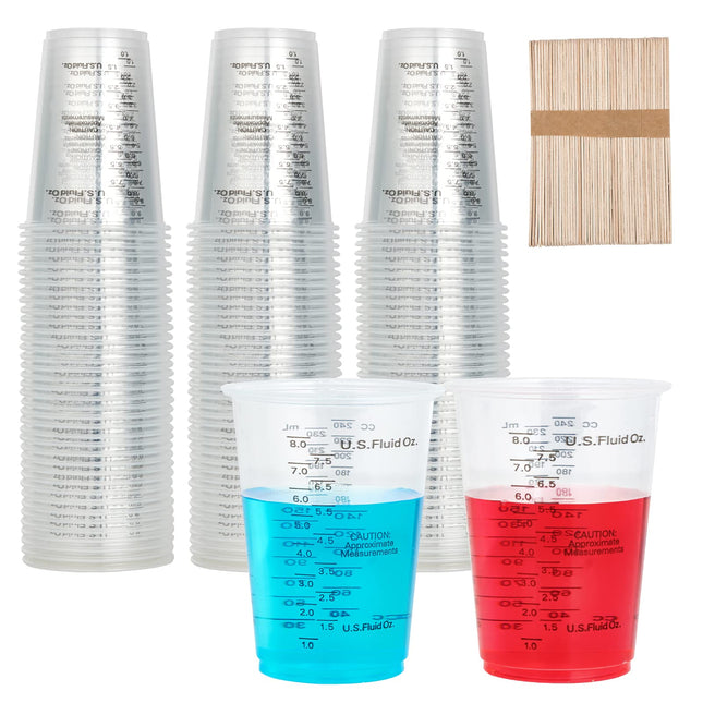 100 PACK Plastic Measuring Cups, 10 oz Disposable Mixing Cups with 100 Wooden Mixing Sticks, Can Be Used for Epoxy Resin, Liquid Measuring, Paint,