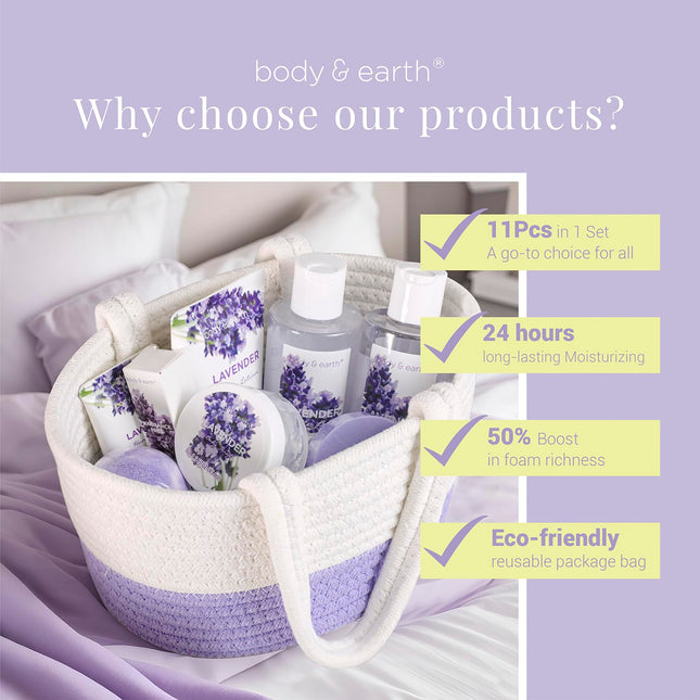 Spa Gift Baskets for Women - Body & Earth 11Pcs Lavender Gift Sets with Bubble B