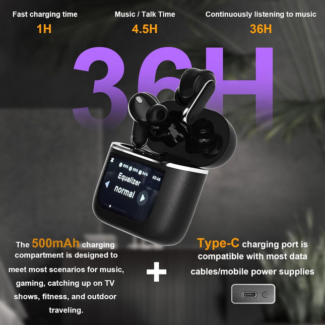 Smart Touchscreen Wireless Bluetooth 5.3 Headset, Super Smart Noise Canceling Earbuds, In-Ear Earbuds with Ear Caps, IPX