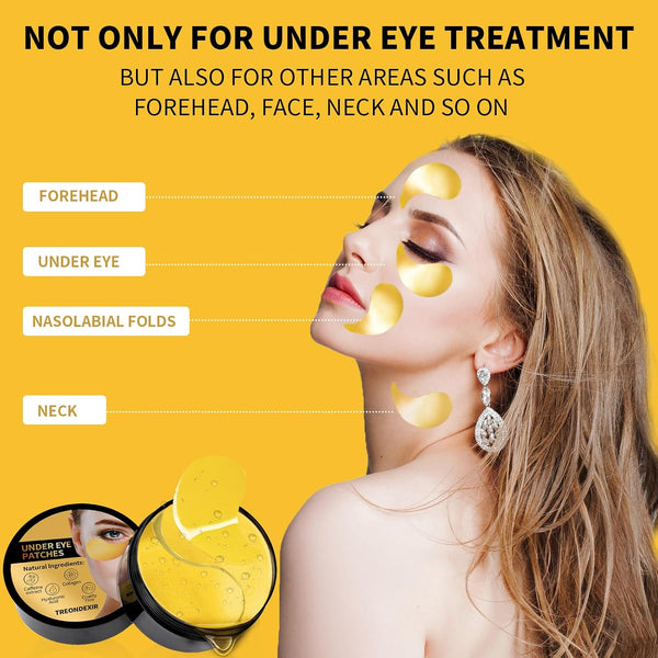 24K Gold Eye Masks for Dark Circles and Puffiness 70PCS, Under Eye Patches for Puffy Eyes Treatment, Under Eye Gel Pads w/ Collagen, Caffeine,