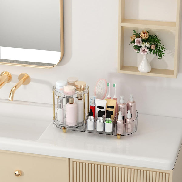 Makeup Organizer Countertop for Vanity, Rotating Perfume Tray with 5-Compartment Cosmetic and Skincare Organizers, Multi-Purpose Desk Storage
