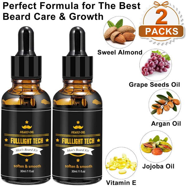 FULLLIGHT TECH 2 Pack Beard Oil for Men Growth 100% Natural Argan Oil,Jojoba Oil Leave in Conditioner Softener for Mustache Grooming Moisturizing
