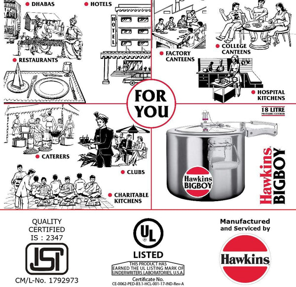 Hawkins 18 Litre Bigboy Pressure Cooker, Big Inner Lid Cooker, Silver (BB18), Aluminium 19 Quarts