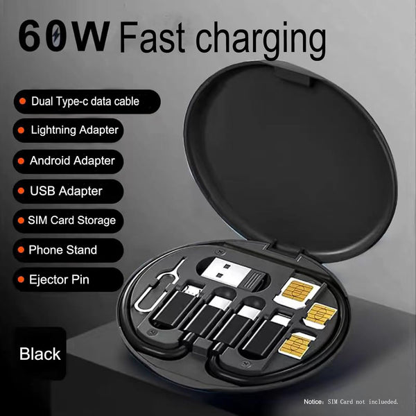 Multifunctional Data Cable Storage Box Adaptor for USB-C and Micro-Usb Devices Universal Data Transfer Cable (Black)