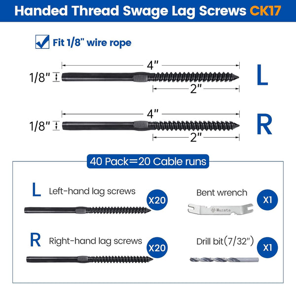 Muzata 40Pack Black Cable Railing Swage Lag Screws for Wood Post CK17 | 20 Pairs 1/8" Wood Cable Railing Hardware Kit for Deck and Stairs, Left &