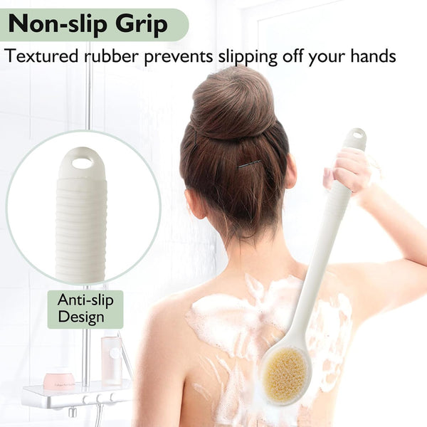 VANZAVANZU 17 Inch Anti-Slip Long Handle Back Scrubber for Shower – Dual-Sided Shower Brush and Shower Back Scrubber with Soft and Stiff Bristles