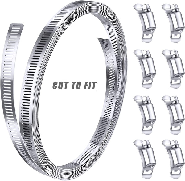 304 Stainless Steel Hose Clamp Assortment Kit DIY, Cut-To-Fit 12 FT Metal Strap+8 Stronger Fasteners,Large Adjustable Worm Gear Band Hose Clamps
