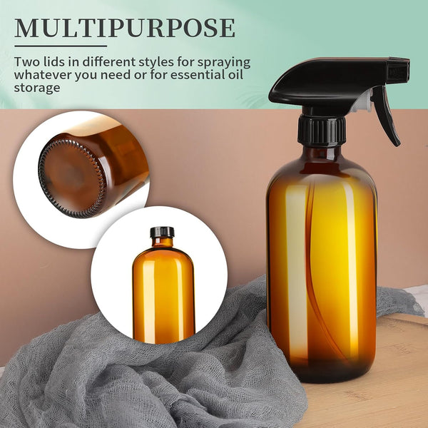 GIVAMEIHF 16oz Amber Glass Spray Bottles,2 Pack Glass Spray Bottles Refillable Empty Bottle with Adjustable Nozzle,Spray Bottle for Essential