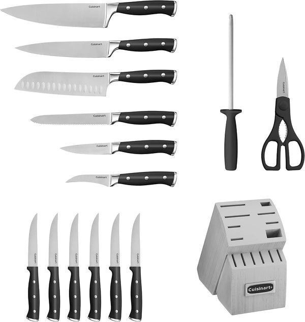 Cuisinart Classic Forged Triple Rivet, 15-Piece Knife Set with Block, Superior High-Carbon Stainless Steel Blades for Precision and Accuracy