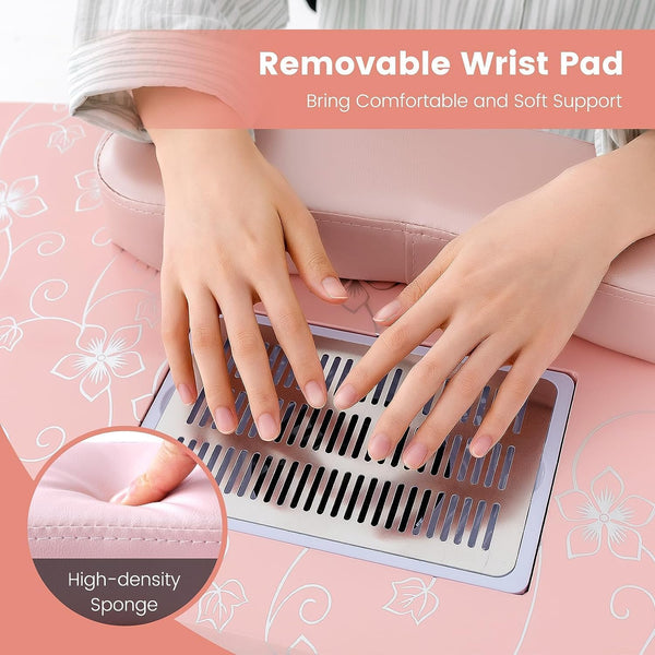 GOFLAME Manicure Nail Table, Foldable Nail Technician Desk W/Electric Downdraft Vent, Bendable LED Lamp, Removable Armrest Pad, Dust Bag, Manicure