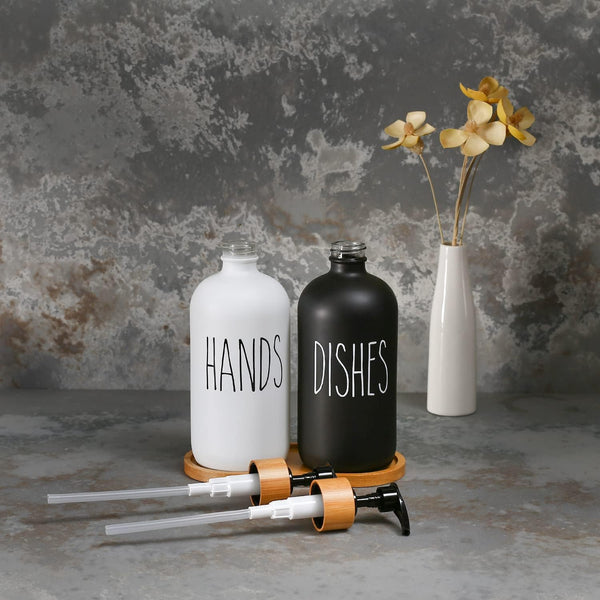 MOMEEMO Soap Dispenser Set, Contains Hand and Dish Soap Dispenser, Suitable for Kitchen Decor. (Black & White) Hd Black White & Tray