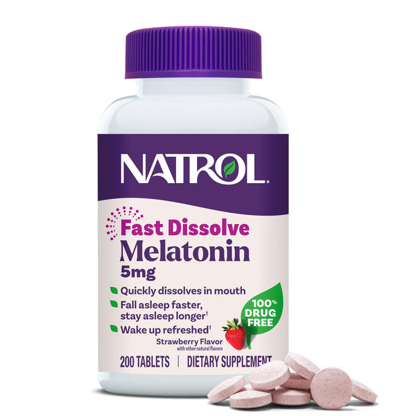 Natrol Melatonin 5Mg Fast Dissolve Tablets, Sleep Support Supplements for Adults, Strawberry Flavor, 200 Tablets, up to 200 Day Supply