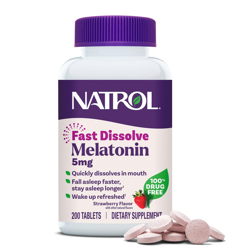 Natrol Melatonin 5Mg Fast Dissolve Tablets, Sleep Support Supplements for Adults, Strawberry Flavor, 200 Tablets, up to 200 Day Supply