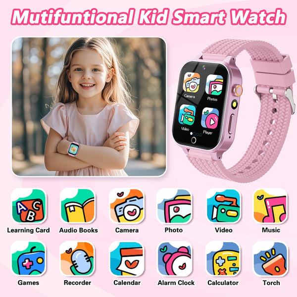 Smart Watch for Kids Girl Gift Ages 3-12, 2 Screen Protector, 26 Puzzle Games, HD Camera Video Music Player Touchscreen Pedometer, Educationtal
