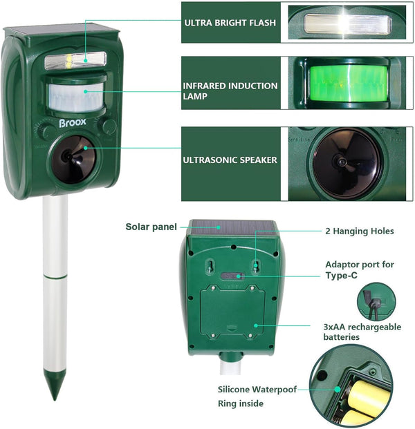 Broox 2026 Upgraded Solar Animal Repellent, Cat Repellent Outdoor, Squirrel Repellent, Deer Repellent, Ultrasonic pest Repeller, Waterproof IP 65,