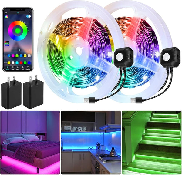 Motion Activated under Bed Light Strips, 2X9.8Ft RGB Motion Sensor LED Light Strip with App Control, USB 5V Dimmable LED Night Light with 4 Timing