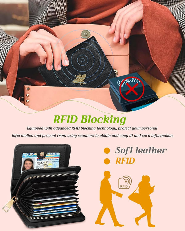 Bistup Credit Card Holder Wallet for Women Cute Leather Ladies Teen Girls Female Cardholder Wallets Accordion Purse Small Medium Aesthetic Print