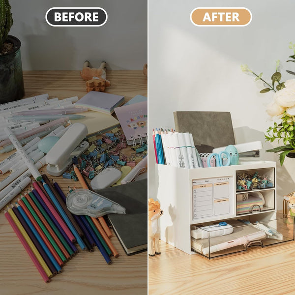 QIYVLOS Desk Organizer with 3 Drawer, Multi-Functional Pencil Pen Holder for Desk, Desk Organizers and Storage with 8 Compartments, Desktop