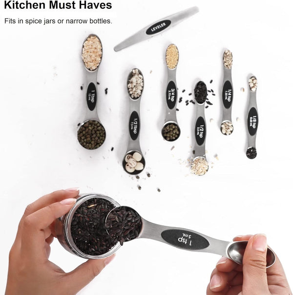 Magnetic Measuring Spoons Set Stainless Steel with Leveler, Stackable Metal Tablespoon Measure Spoon for Baking, Cups and Spoon Set Kitchen