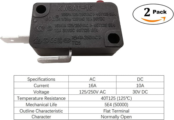 Microwave Oven Door Switch Replacement Part, 16A 125VAC, KW3AT-16 (Downward Compatible with KW3A-16), Normally Open - 2Pcs 2x Normally Open