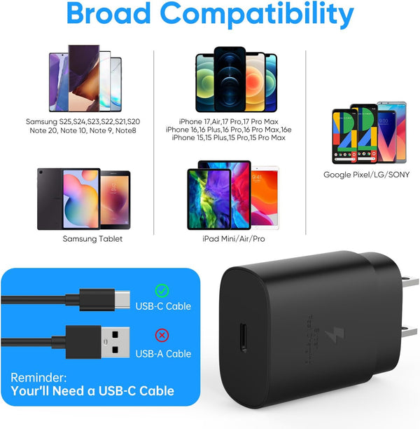 USB C Charger Block, 25W USBC Super Fast Charging Adapter for Iphone 16 15 14 13 Pro Max Samsung Galaxy S25/S24 Ultra/S23/S22/S21/S20/Note20, Wall