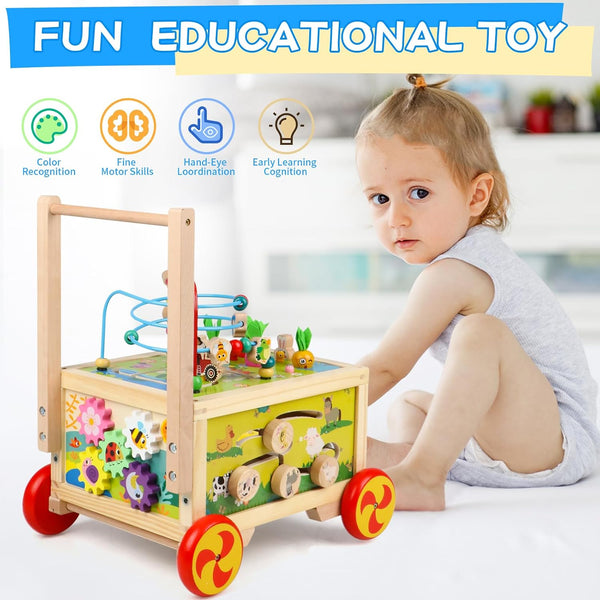 Wooden Activity Cube 7-In-1 Montessori Toy Multipurpose Educational Learning Toy for 1+ Year Old Baby Toddler Kid Boy First Birthday Gift Bead