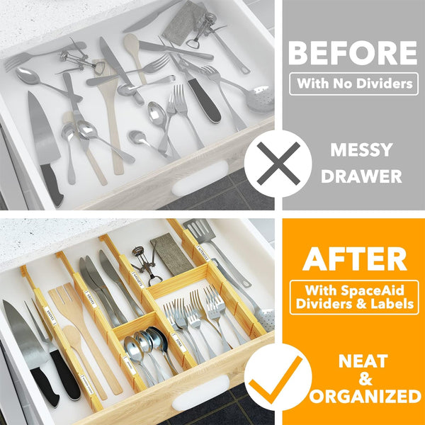 SpaceAid Bamboo Drawer Dividers with Inserts and Labels, Kitchen Adjustable Drawer Organizers, Expandable Organization for Home, Office, Dressers,