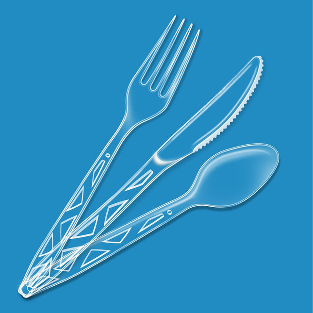 Amazon Basics Disposable Clear Assorted Cutlery Set, Premium Quality, 192 Count, Large Combo Pack Forks, Spoon and Knive
