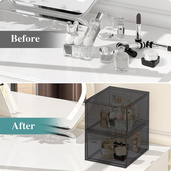 SpaceHacks 2 Pack Stackable Makeup Organizer and Storage, Acrylic Organizers，Clear Plastic Storage Drawer with Pull-Out Handles for Vanity,