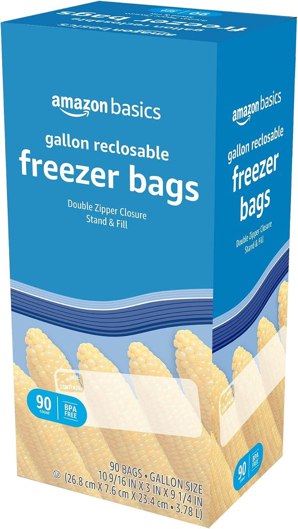 Amazon Basics Reclosable Freezer Gallon Size Bags with Double Zipper Seal, Stand-Up Bottom, BPA Free, 90 Count (Previously Solimo) Gallon (90 Count)