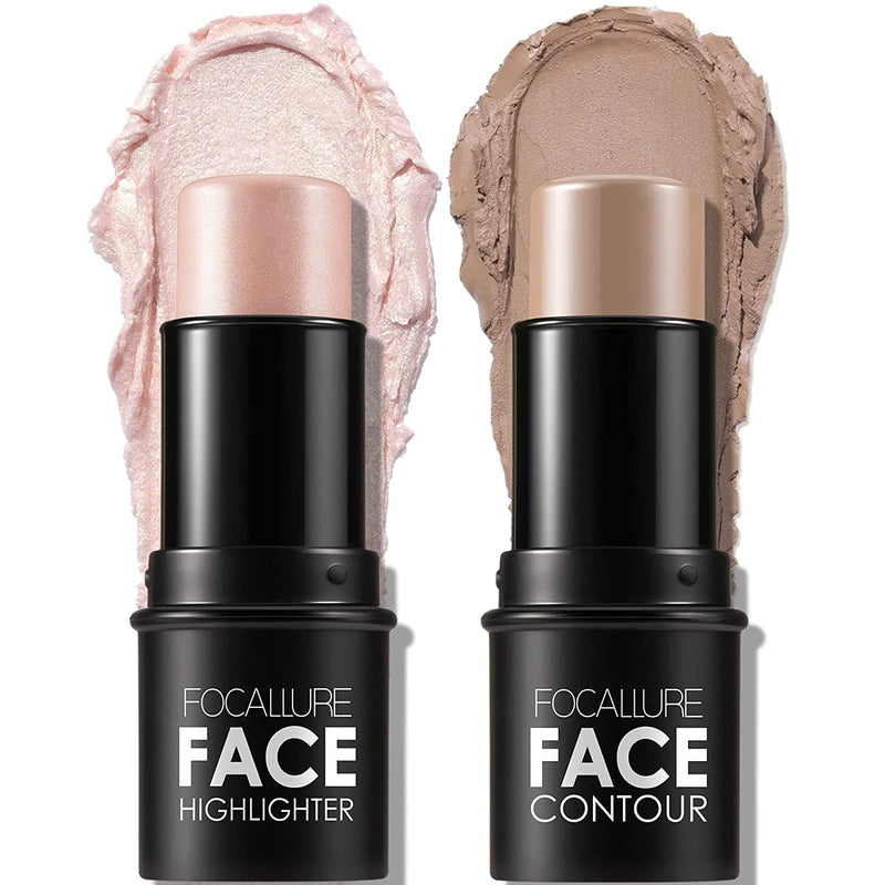FOCALLURE 2 Pcs Mineral Cream Contour Stick,Moisturize Highlighter and Bronzer Pen,Non Stick Face Brightens & Shades Pencil,Long Lasting & Smooth