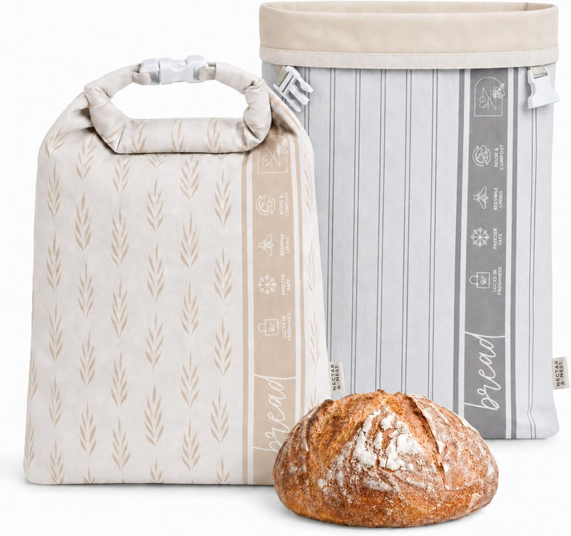 Nectar & Nest Reusable Bread Bags for Homemade Bread (2 Pack) - XL Cotton Beeswax Bags, Sourdough Bag, Beeswax Bag, Sourdough Storage