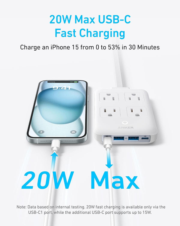 Anker Charging Station, 20W Max 8-in-1 USB-C Power Strip for iPhone 15/14 and MacBook Air/Pro, 5 ft Thin Cord with 4 AC, 2 USB-A, and 2 USB-C