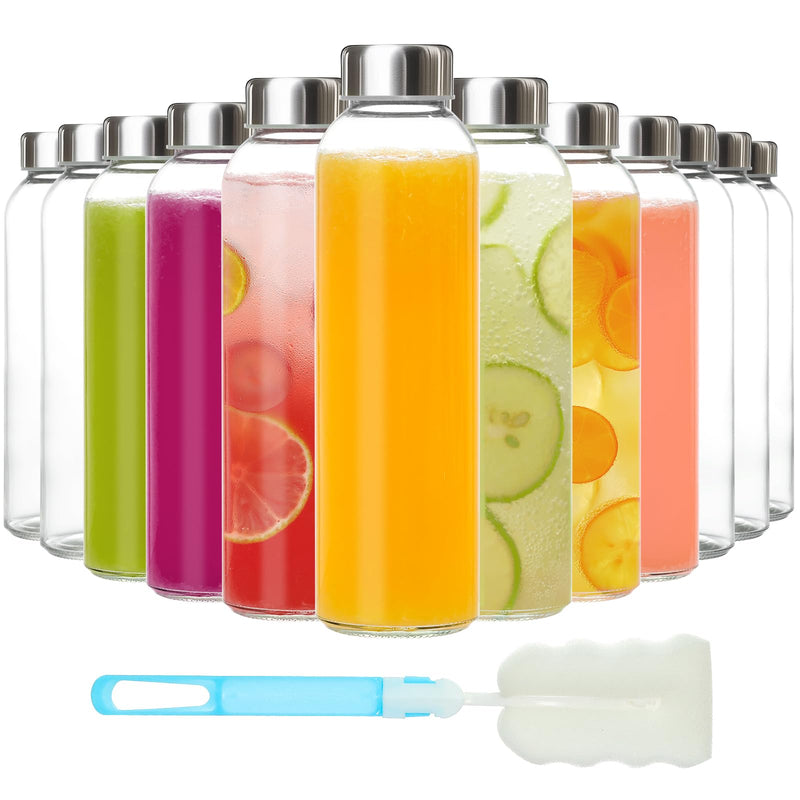 KEYWING 12Pack Glass Juice Bottles with Lids, 18Oz Clear Juicing Bottle with Reusable Glass, Leak Proof Water Bottles with Airtight Stainless