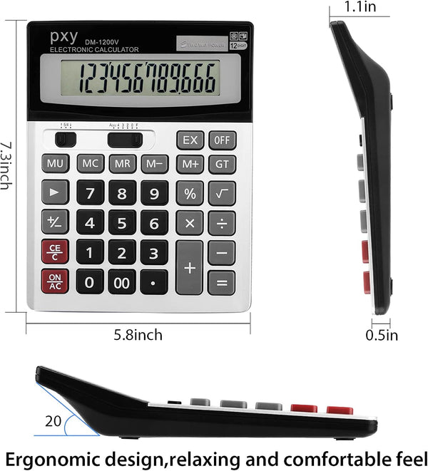 Desk Calculator 12 Digit Extra Large LCD Display, Touch Comfortable with Big Buttons, PXY Two Way Power Battery and Solar Standard Function Office