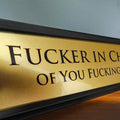 Fucker in Charge Desk Nameplate, 8 x 2 Inch Funny Office Sign | Bold executive desk plaque with an adult workplace quote, ideal for bosses,