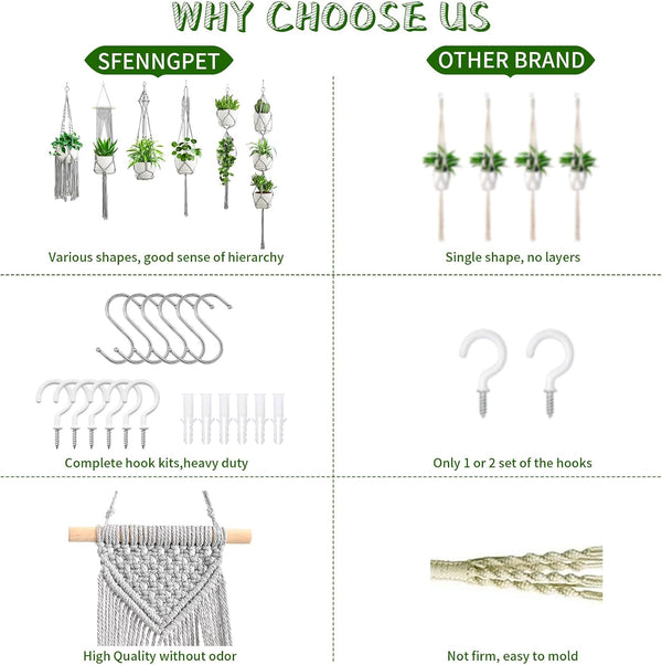 SFENNGPET Macrame Plant Hangers, 6Pack Hanging Planters for Indoor Plants Gray