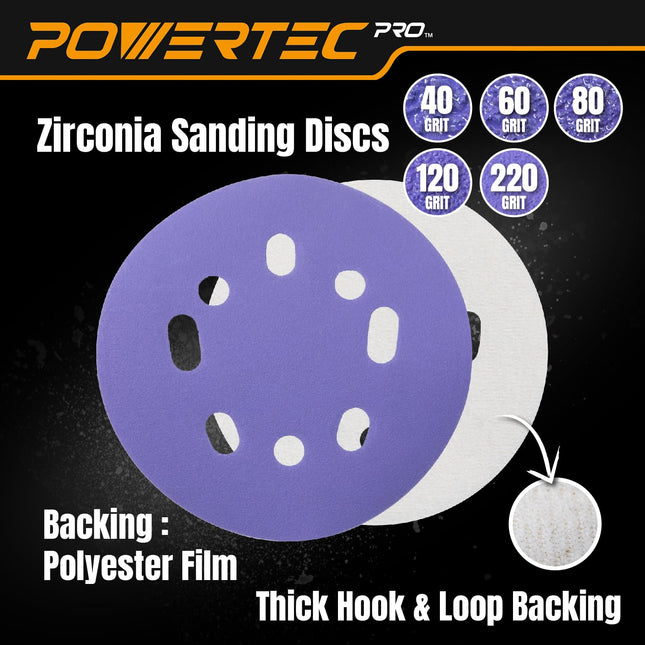 POWERTEC PRO 50PK, 5 Inch Sanding Discs Hook and Loop, 40/60/80/120/220 Grit, Zirconia Orbital Sander Sandpaper for 5 & 