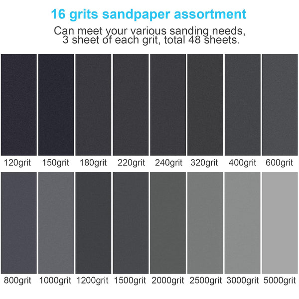 Sand Paper, 48 PCS Sandpaper, 120 to 5000 Assorted Grit Sandpaper Sheets, 9 x 3.6 Inch Premium Wet Dry Sandpaper for Wood Furniture Finishing,