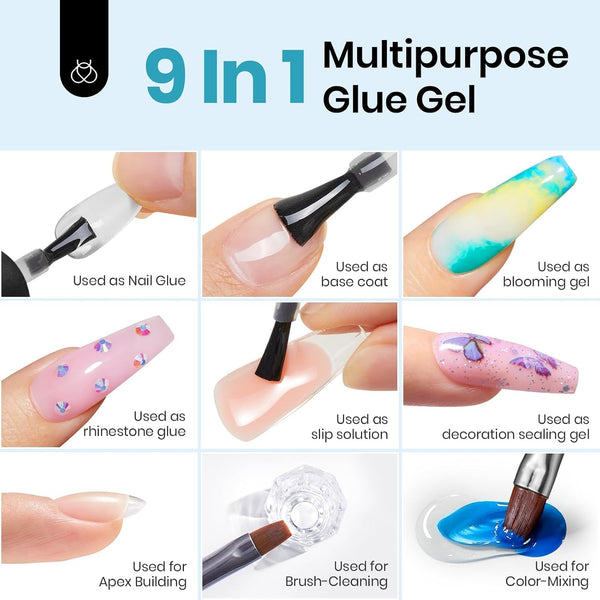 Beetles Gel Polish 9 in 1 Gel Nail Glue for Clear Acrylic Nail Tips | 2Pcs 15ml Long Lasting Nail Gel Kit for False Nails Tips, Base Blooming Nail