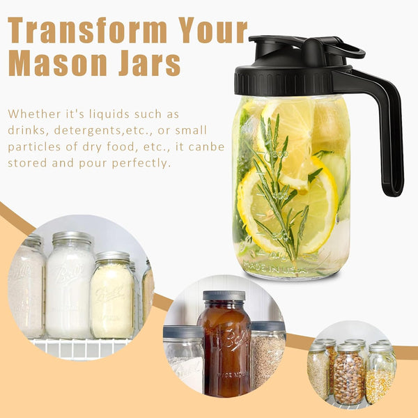 Mason Jar Pour Spout Lid for Wide Mouth Mason Jars, Mason Jar Pitcher Flip Cap Airtight Handle Lid, Leak Proof Seal Cover, Pack of 2 2 Pack