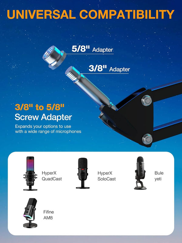 QuadCast Boom Arm, Mic Arm for Blue Yeti HyperX QuadCast SoloCast Fifine AM8 and Most Microphone, Mic Stand Desk with 3/8" to 5/8" Adapter by