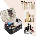 Wandering Nature Makeup Bag, Women Travel Make Up Vanity Case with Handle Black Leather Medium