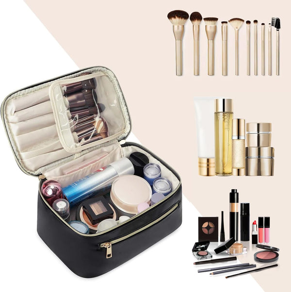 Wandering Nature Makeup Bag, Women Travel Make Up Vanity Case with Handle Black Leather Medium