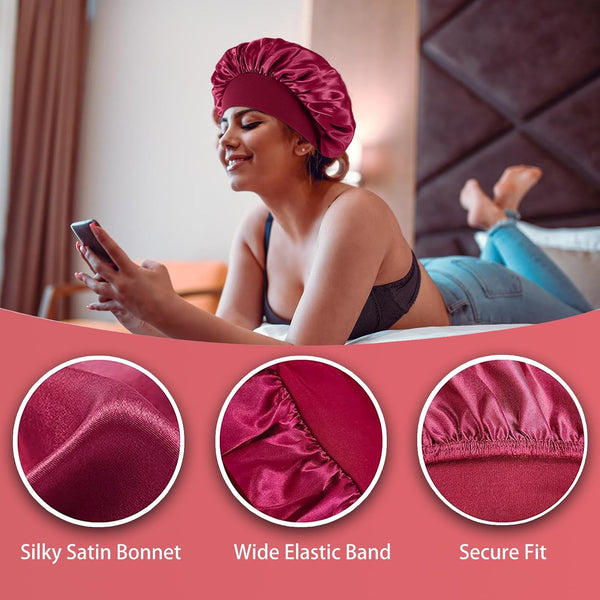 4PCS Silk Bonnet for Sleeping,Hair Wrap Satin Bonnets Shower Cap for Black Women Men, Elastic Wide Band Hair Bonnet Cap for Sleeping Curly