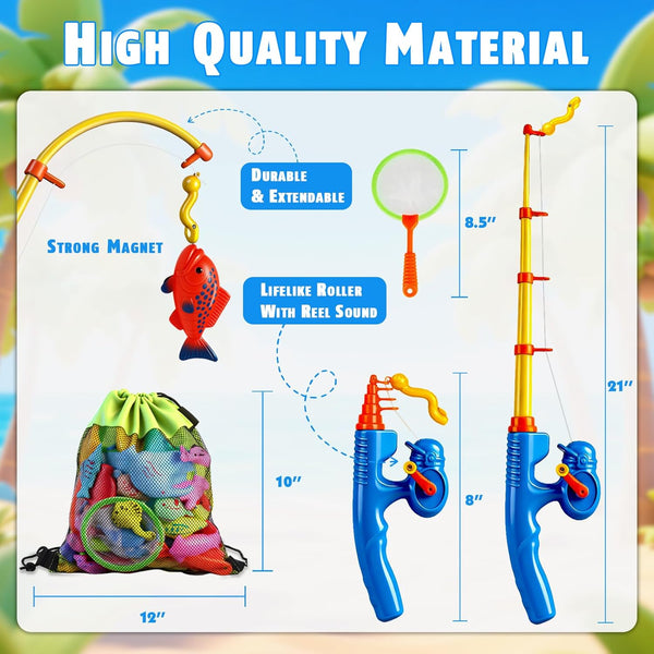 CozyBomB™ Magnetic Fishing Toys Game Set for Kids | Water Table Bathtub Kiddie Pool Party Pole Rod Net, Outdoor Plastic Floating Fish, Toddler
