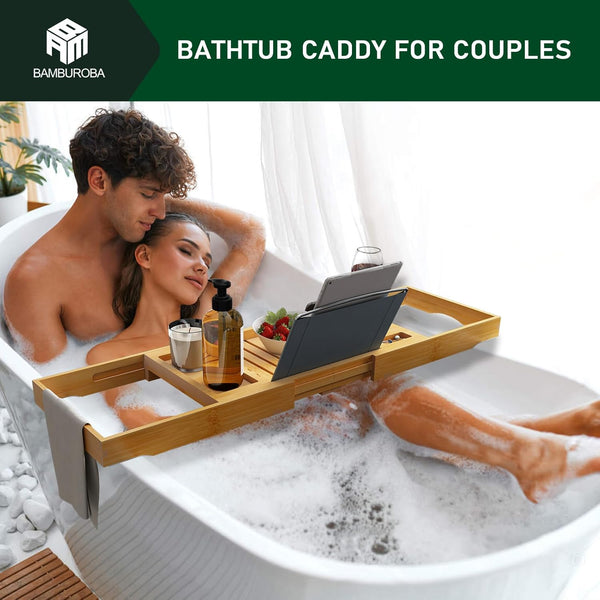 Foldable Bamboo Bathtub Caddy Tray Expandable for Luxury Bath, Bath Accessories & Table with Wine Glass Holder, Book Stand Bathroom Organizer with