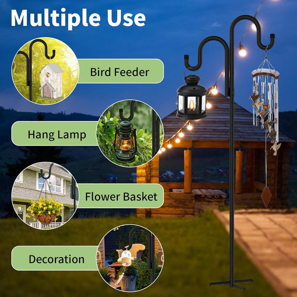 Double Shepherds Hooks for Outdoor, Bird Feeder Pole with 5 Prongs Base, Heavy Duty Garden Hook for Lantern, Wind Chime and Hummingbird Feeder, 45